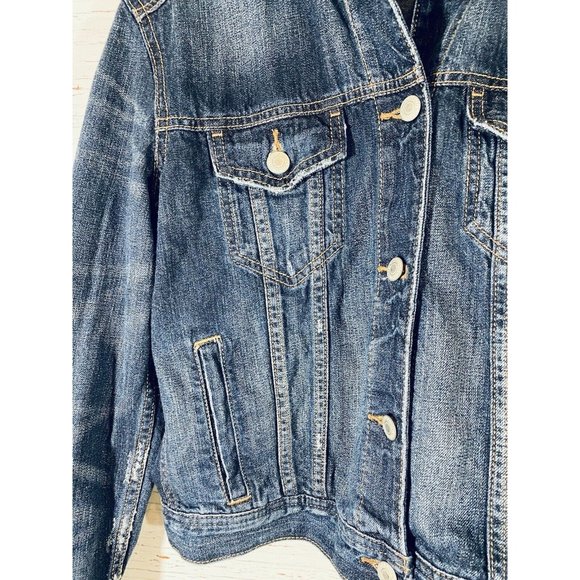 AE American Eagle Denim Jean Jacket Womens Sz Extra Small Coat Distressed Cuffs - Picture 5 of 9